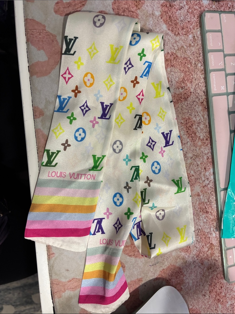 Cream Multicolor Monogram Satin Scarf Tie